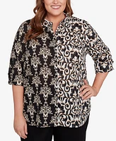 Alfred Dunner Plus Natural Instinct Medallion Twin Print Button Front Top