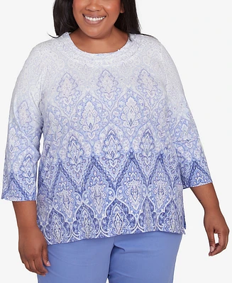 Alfred Dunner Plus Santa Fe Ombre Medallion Crew Neck Printed Top