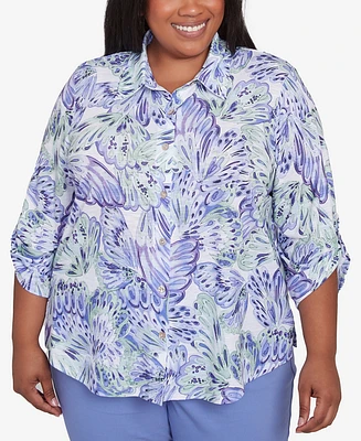 Alfred Dunner Plus Santa Fe Abstract Butterfly Collared Button Front Top