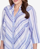Alfred Dunner Plus Santa Fe Mitered Iris Stripe Collared Button Down Top