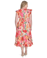 Vince Camuto Plus Printed Ruffle Flutter-Sleeve Tiered Midi Dress