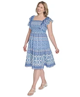 Eliza J Plus Printed Square-Neck Cap-Sleeve Dress