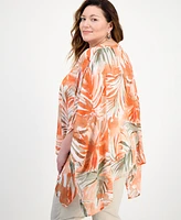 Kasper Plus Floral-Print V-Neck Dolman-Sleeve Poncho Top