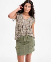 Liverpool Los Angeles Womens Printed Ruched Shoulder V Neck Top Mini Cargo Skort