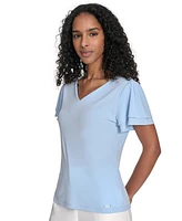 Calvin Klein Women's Solid V-Neck Flutter-Sleeve Top