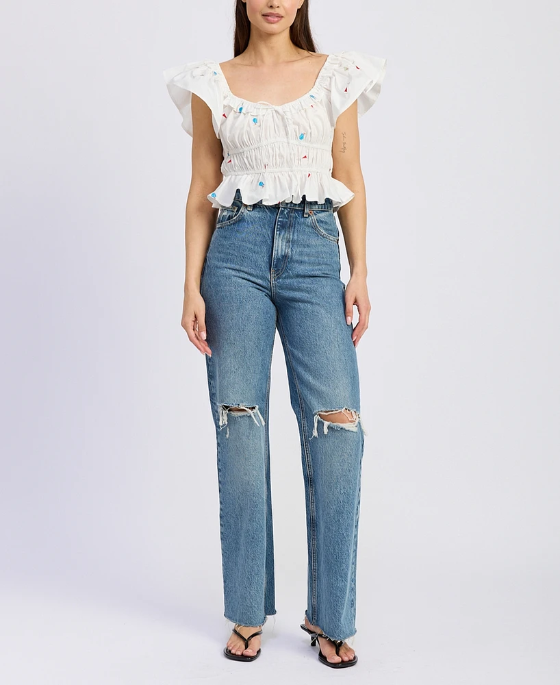En Saison Women's Nellie Flutter-Sleeve Shirred Top