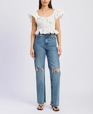 En Saison Women's Nellie Flutter-Sleeve Shirred Top