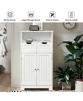 Gymax Bathroom Floor Cabinet Wooden Storage Organizer Side Cabinet W/2 Drawer 2 Doors