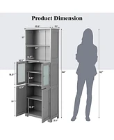 Gymax Bathroom Tall Storage Cabinet Linen Tower w/ Glass Door & Adjustable Shelf Grey