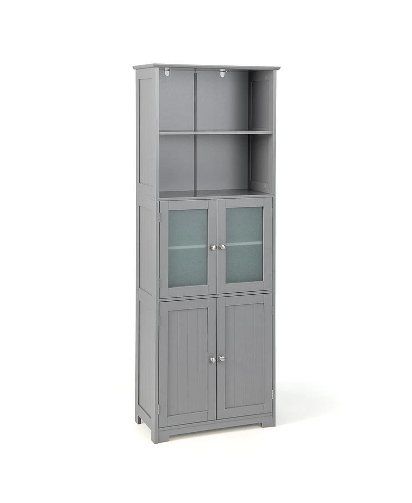 Gymax Bathroom Tall Storage Cabinet Linen Tower w/ Glass Door & Adjustable Shelf Grey