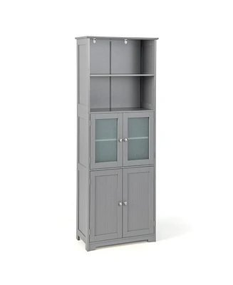 Gymax Bathroom Tall Storage Cabinet Linen Tower w/ Glass Door & Adjustable Shelf Grey