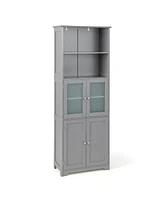 Gymax Bathroom Tall Storage Cabinet Linen Tower w/ Glass Door & Adjustable Shelf Grey