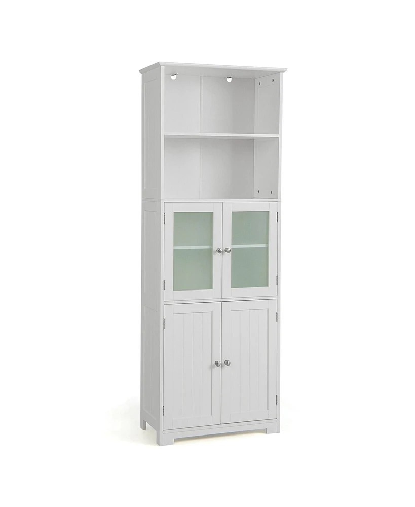 Gymax Bathroom Tall Storage Cabinet Linen Tower w/ Glass Door & Adjustable Shelf Grey