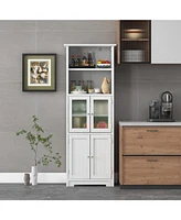 Gymax Bathroom Tall Storage Cabinet Linen Tower w/ Glass Door & Adjustable Shelf Grey