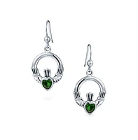 Bling Jewelry Friendship Bff Green Emerald Red Garnet Cz Heart Claddagh Dangle Chandelier Earrings