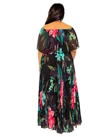 Buxom Couture Plus Floral Off Shoulder Pleated Maxi Dress