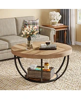 Tribesigns Round Coffee Table, Industrial 2-Tier Circle Table with Storage Shelves, Modern 31.7" Wooden Accent Center for Living Room, Ho