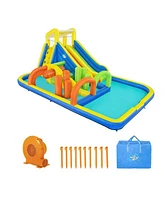 Bestway H2OGO! AquaRace Kids Inflatable Outdoor Water Park with Dual Slides, Built-In Sprayer, Splash Pool, Storage Bag, & Air Blower for Quick Setup