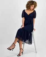 julia jordan Women's Puff-Sleeve Belted Midi Dress