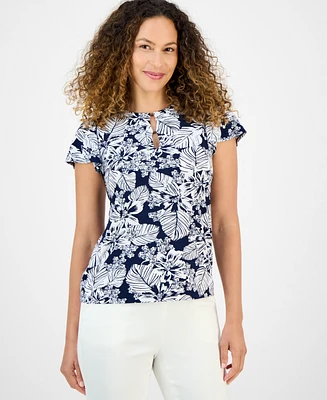 Jones New York Petite Botanical-Print Keyhole Top