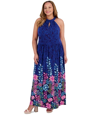 London Times Plus Halter Placement-Print Maxi Dress