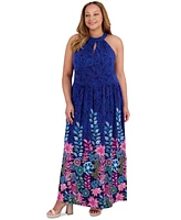 London Times Plus Halter Placement-Print Maxi Dress