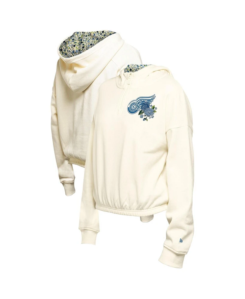 New Era Women's Cream Detroit Red Wings Glam Game Quarter-Zip Cropped Floral Pullover Hoodie