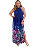 London Times Plus Halter Placement-Print Maxi Dress