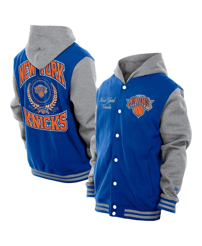 New Era Men's Blue York Knicks Throwback Prep Chenille Full-Snap Hooded Varsity Jacket