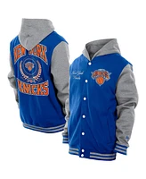 New Era Men's Blue York Knicks Throwback Prep Chenille Full-Snap Hooded Varsity Jacket