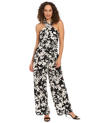 London Times Petite Cross-Neck Tie-Waist Sleeveless Jumpsuit