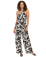 London Times Petite Cross-Neck Tie-Waist Sleeveless Jumpsuit