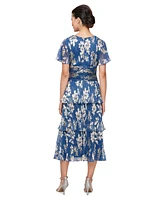Sl Fashions Women's Floral Surplice-Neck Tiered Dress