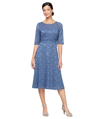 Sl Fashions Women's Glitter-Lace Elbow-Sleeve A-Line Dress