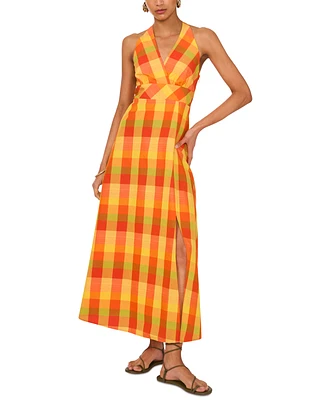 1.state Women's Plaid Halter-Neck Maxi Dress