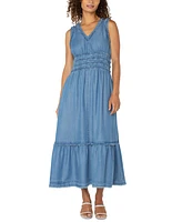 Liverpool Los Angeles Women's Chambray Frayed-Trim Maxi Dress