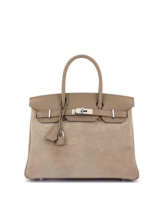 Pre-Owned Hermes Birkin 30 Handbag Grey Doblis Suede with Swift with Palladium Hardware