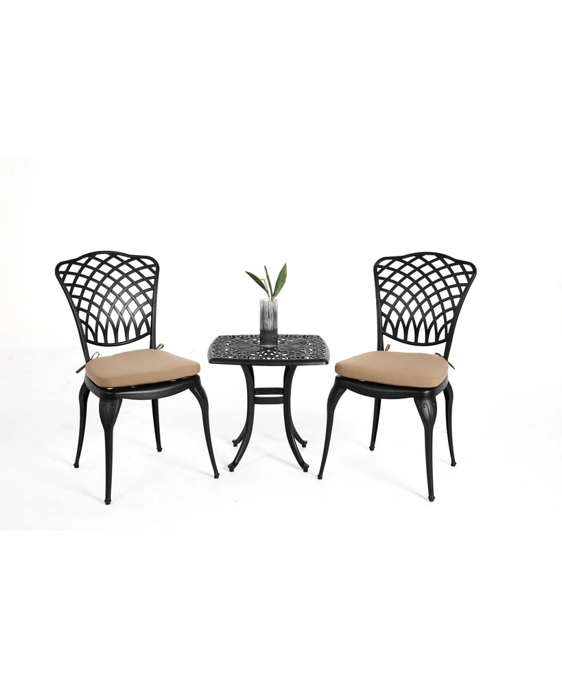 Rustproof Patio Bistro Set: 2 Chairs, Round Table w/ Cushions