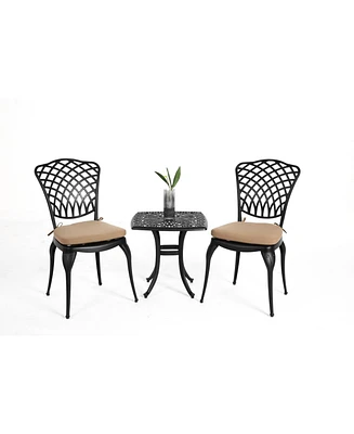 Rustproof Patio Bistro Set: 2 Chairs, Round Table w/ Cushions