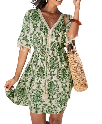 Cupshe Women's Blue Boho V-Neck Mini Beach Dress
