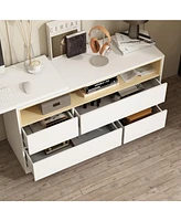 Famapy 47.2 in. L-Shaped White Wood Computer Desk Writing Desk Table Office Workstation W/Moveable Tabletop, Shelves, Drawers
