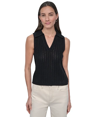 Dkny Jeans Women's Lacey Stitch Collared Sleeveless Sweater