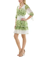 Taylor Women's Floral-Print Tie-Cuff Ruffled-Hem Dress