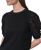 Dkny Jeans Women's Mixed Media Lace-Sleeve Top - BLK