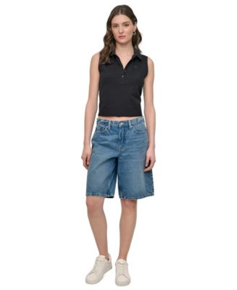 Dkny Jeans Womens Cropped Sleeveless Polo Shirt Relaxed Denim Bermuda Shorts