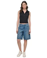 Dkny Jeans Womens Cropped Sleeveless Polo Shirt Relaxed Denim Bermuda Shorts