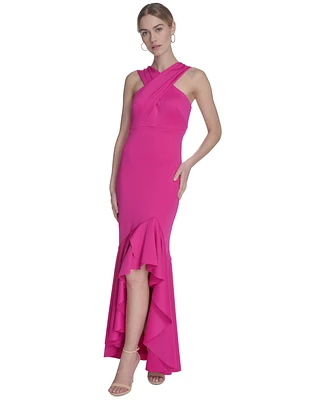 Eliza J Women's Crossover-Neck Sleeveless Ruffle-Trim Gown