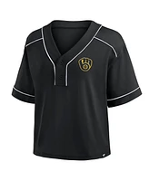 Fanatics Women's Black Milwaukee Brewers Oversized Champ Game Midi Cropped V-Neck T-Shirt