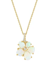 Effy Ethiopian Opal & Diamond (1/10 ct. t.w.) Flower Pendant Necklace in 14k Yellow Gold, 17" + 1" extender