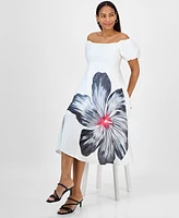 Robbie Bee Women's Puff Sleeve Fit & Flare Midi Dress